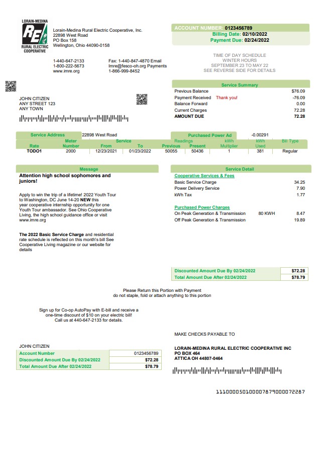 USA Ohio Lorain Medina Rural Electric utility bill template in Word and PDF format